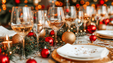 Beautifully arranged festive table features sparkling wine glasses, decorative ornaments, and warm lights creating a joyful atmosphere.の素材