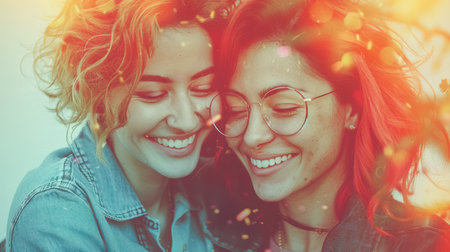 Two women share a joyful moment, smiling and embracing, surrounded by colorful bokeh lights, creating a warm and lively ambiance.の素材