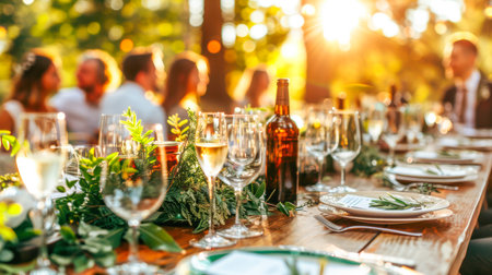 Beautifully arranged outdoor dining table featuring glasses, greenery, and warm sunset light creating a festive atmosphere.の素材
