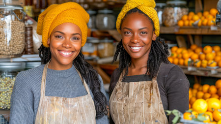 Two cheerful women wearing yellow hats and aprons pose in a colorful fruit market filled with fresh produce and jars, showcasing a lively atmosphere.の素材