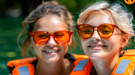 Two cheerful women in bright life jackets and sunglasses, enjoying a sunny outdoor setting, radiating joy and friendship.の素材