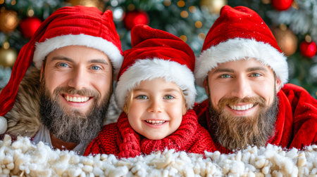 Joyful family members in Santa hats, smiling together in front of a beautifully decorated Christmas tree, showcasing holiday spirit.の素材