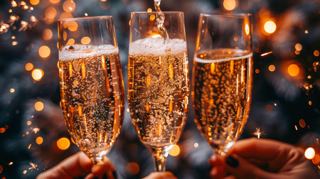 Three elegant champagne glasses are raised in a toast, surrounded by sparkling lights, creating a festive atmosphere for celebration.の素材