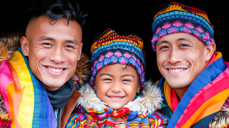 Three joyful individuals in colorful traditional attire, showcasing rich patterns and textures, radiating warmth and happiness.の素材
