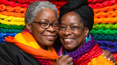 Two joyful women embrace, wearing colorful scarves, set against a vibrant braided background, radiating warmth and friendship.の素材