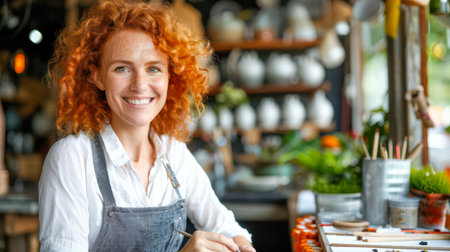 Smiling female artist with red hair is working in a vibrant studio filled with plants and art materials, showcasing creativity and passion.の素材