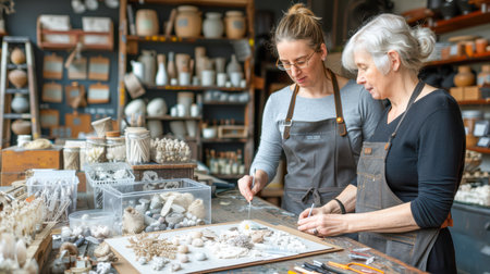 Women engaged in crafting together in a warm workshop, surrounded by various natural materials and artistic tools.の素材