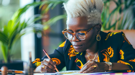 Female artist focused on creating colorful artwork with vibrant patterns in a bright studio filled with plants and artistic tools.の素材