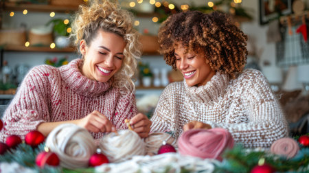 Two women are engaged in crafting with colorful yarn and ornaments, surrounded by a warm, festive atmosphere filled with lights.の素材