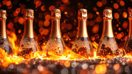 Row of sparkling champagne bottles with bubbles, set against a colorful bokeh background, creating a celebratory vibe.の素材