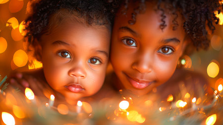 Two young children with bright smiles are nestled together, illuminated by soft glowing lights, creating a cheerful ambiance.の素材