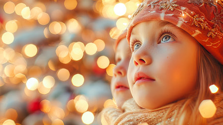 Young girl in festive hat looks up at twinkling lights, creating a magical holiday ambiance with soft focus background.の素材