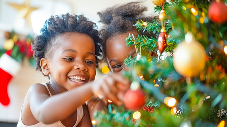 Children happily decorating a Christmas tree with vibrant ornaments and twinkling lights, creating a festive atmosphere.の素材