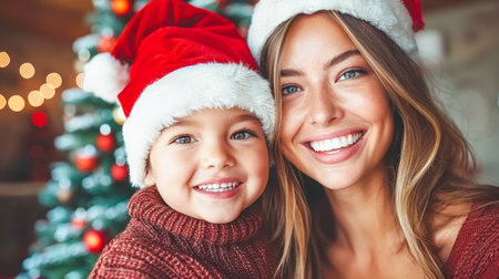Joyful woman and child in Santa hats, embracing during Christmas celebration, surrounded by colorful decorations and warm ambiance.の素材