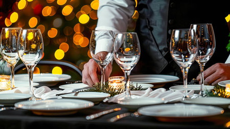Beautifully arranged dining table with sparkling glassware, plates, and festive bokeh lights creating a warm ambiance.の素材