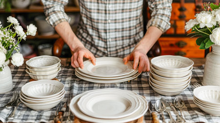 Individual is carefully stacking ceramic plates on a checkered tablecloth, surrounded by flowers and cutlery, creating an inviting dining setup.の素材