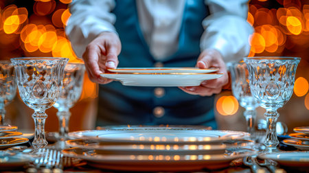 Server is carefully placing a fine china plate on an elegantly set table, surrounded by sparkling glassware and warm ambient lighting.の素材