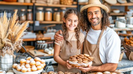 Happy baker and child proudly display cookies in a charming bakery filled with baked goods and warm ambiance.の素材
