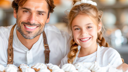 Happy man and girl present freshly baked pastries in a cozy bakery, surrounded by soft lighting and inviting atmosphere.の素材