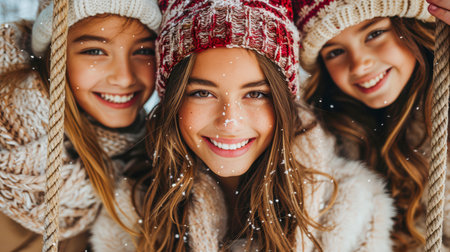 Group of three girls with winter hats and sweaters, smiling joyfully in a snowy outdoor setting, capturing a moment of happiness.の素材