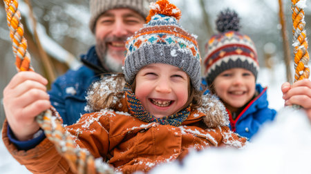 Happy children enjoying a swing in snowy landscape, with a smiling adult, creating a joyful family moment in winter wonderland.の素材