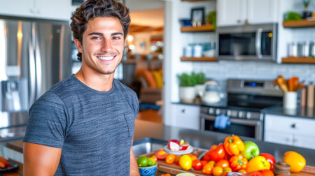Smiling young man stands in contemporary kitchen, surrounded by colorful fruits and vegetables, showing healthy lifestyle choices.の素材