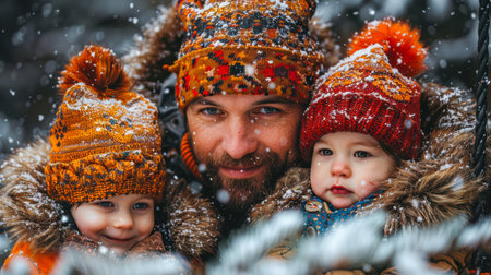 Family portrait featuring father and two children in winter attire, surrounded by snowflakes and winter scenery, showcasing warmth and joy.の素材