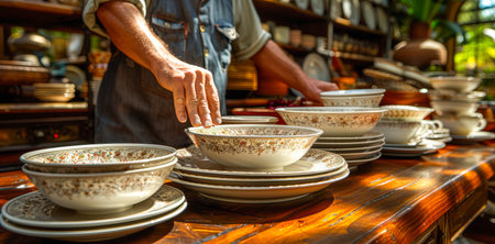Hands are carefully placing beautiful ceramic dishware on a polished wooden table, surrounded by a warm, inviting kitchen atmosphere.の素材