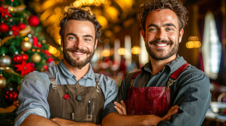 Two cheerful male baristas are posing in a beautifully decorated cafe, showcasing a warm holiday atmosphere and inviting environment.の素材