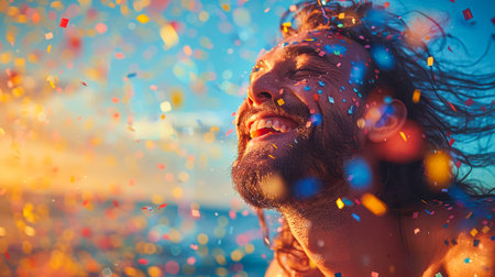 Happy man enjoying celebration with colorful confetti in the air, surrounded by a beautiful sunset atmosphere.の素材