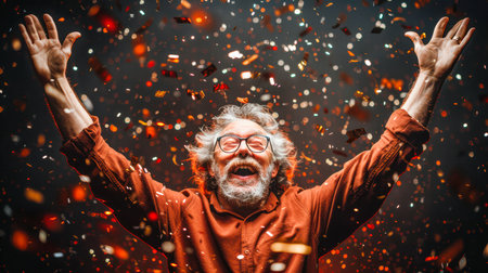 Elderly man with glasses joyfully celebrating, arms raised high, surrounded by vibrant confetti, creating a lively and festive ambiance.の素材