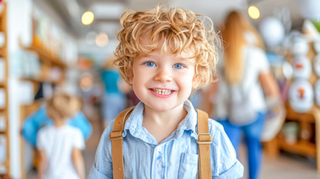 Happy young boy with curly hair is smiling in a vibrant store, surrounded by shelves filled with colorful products and cheerful atmosphere.の素材