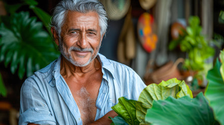 Elderly man with gray hair is smiling warmly, surrounded by various green plants in a lively indoor garden atmosphere.の素材