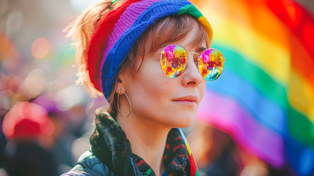 Female participant wearing rainbow headband and sunglasses, enjoying the pride festival atmosphere with colorful flags and joyful crowd.の素材