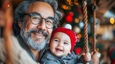 Happy elderly man with glasses is holding a smiling baby on a swing, surrounded by festive decorations and warm lights.の素材