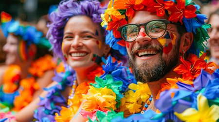 Diverse individuals are joyfully celebrating at a festival, adorned in floral leis and vibrant atmosphere, showcasing a lively atmosphere.の素材