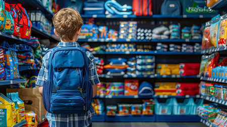 Child with blue backpack is looking at vibrant shelves stocked with various school supplies and bags, creating a lively shopping atmosphere.の素材