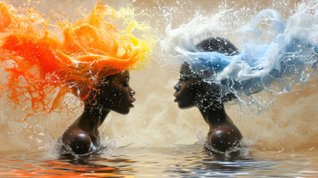 Two women with colorful hair submerged in water, creating stunning splash effects and reflections, showing beauty and creativity.の素材