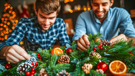 Two men are crafting holiday decorations using pine branches, ornaments, and natural elements in a warm, inviting atmosphere.の素材
