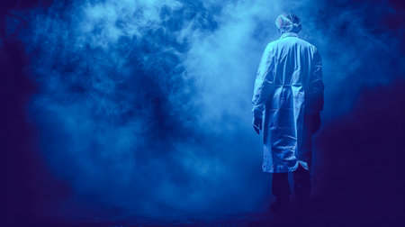 Medical professional wearing a white coat stands in a foggy environment, illuminated by dramatic blue lighting, creating a mysterious ambiance.の素材