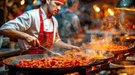 Culinary expert is cooking a delicious paella in a lively kitchen, surrounded by fresh ingredients and steam rising from the pans.の素材