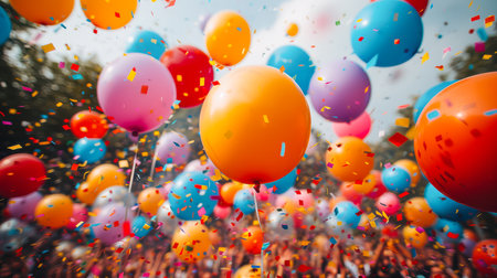 Vibrant balloons in various colors fill the air during a joyful celebration, with colorful confetti adding to the festive atmosphere.の素材