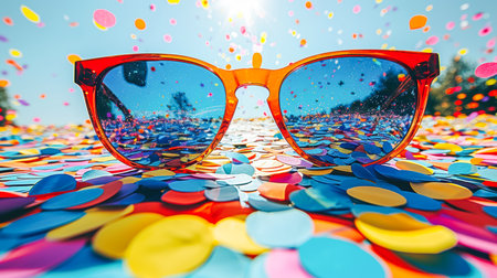 Vibrant sunglasses placed on a colorful confetti surface, reflecting sunlight and creating a joyful ambiance.の素材