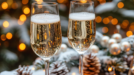 Two elegant champagne glasses filled with bubbly drink, surrounded by festive decorations and soft glowing lights creating a warm atmosphere.の素材