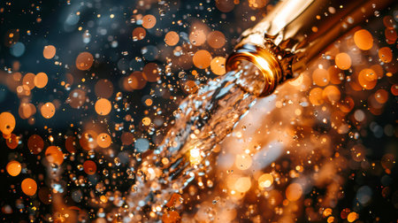 Champagne flows from bottle, creating a vibrant splash against a blurred bokeh backdrop, capturing celebratory essence and excitement.の素材