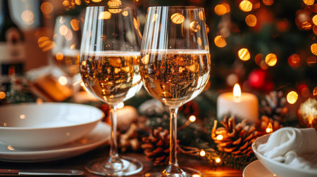 Two glasses filled with sparkling wine are placed on a beautifully set table, surrounded by candles and holiday decor creating a warm atmosphere.の素材