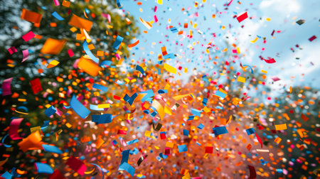 Vibrant confetti bursts into the air, creating a joyful atmosphere in an outdoor celebration with colorful pieces scattered around.の素材