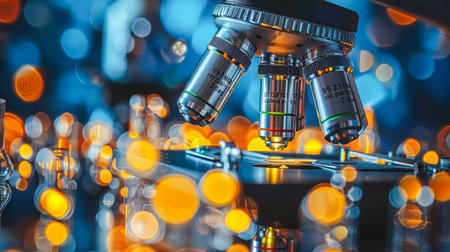 Laboratory microscope featuring multiple lenses above glass slides, surrounded by colorful bokeh lights creating a vibrant atmosphere.の素材