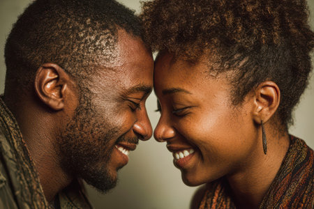 Joyful African American couple sharing a close moment, smiling and enjoying each other's presence, radiating love and connection.の素材