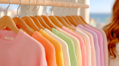Vibrant sweaters displayed on wooden hangers in a stylish retail environment, showing a variety of colors and textures in natural light.の素材